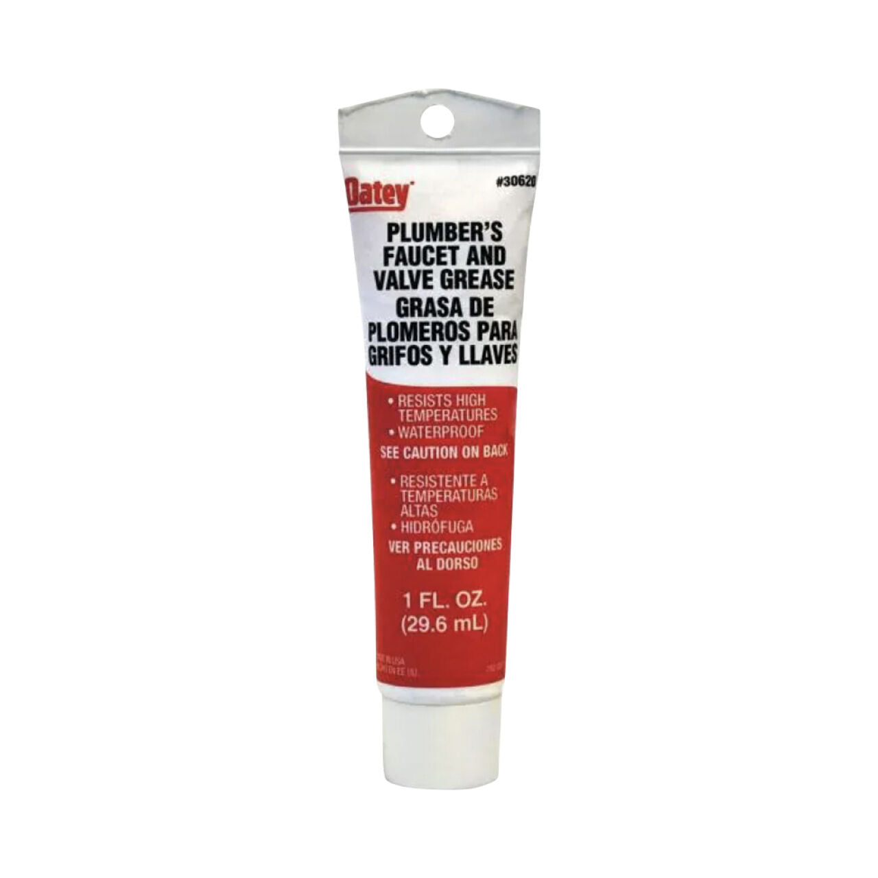 A 1 oz. tube of Go Build, The Fastest Way To Build Plumbers Grease with red and white label in English and Spanish, designed as heat-resistant, waterproof grease for lubricating faucets.